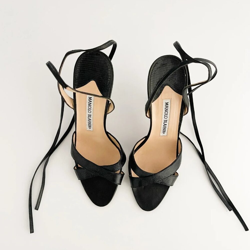 Manolo Blahnik Black Ankle Wrap Sandal Heels (IT 37) - Picture 2 of 4